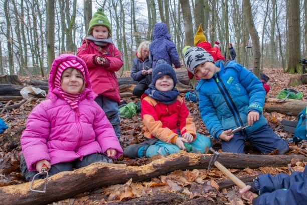 Mehrere Kita-Kinder sitzen in einem Wald und üben den Umgang mit Werkzeug an einem umgekippten Baum